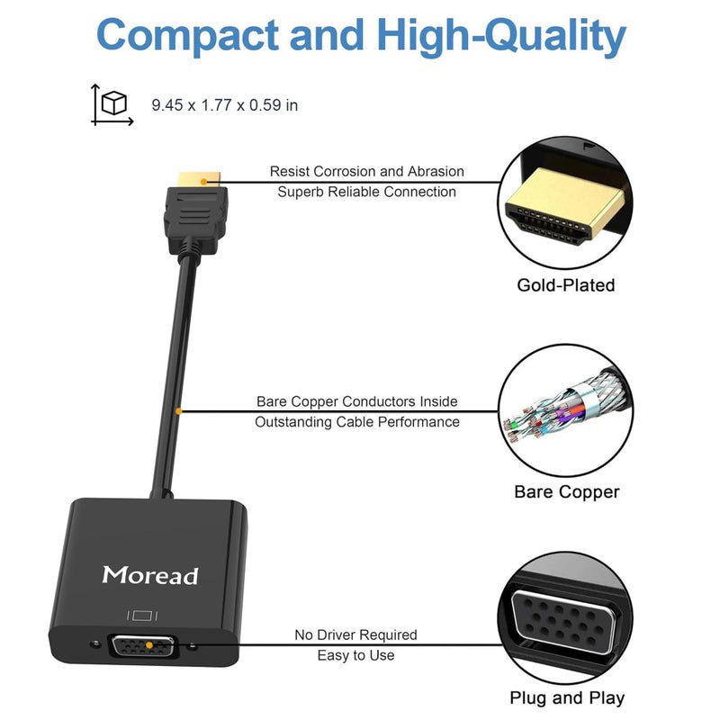 Moread Gold-Plated Active HDMI to VGA Adapter, 10 Pack, Male to Female with Micro USB Power Cable & 3.5mm Audio Port Cable for PS4, MacBook Pro, Mac mini, Apple TV - Image 4